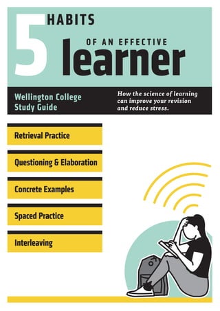 learner
Retrieval Practice
5 O F A N E F F E C T I V E
Questioning & Elaboration
Concrete Examples
Spaced Practice
Interleaving
How the science of learning
can improve your revision
and reduce stress.
Wellington College
Study Guide
 