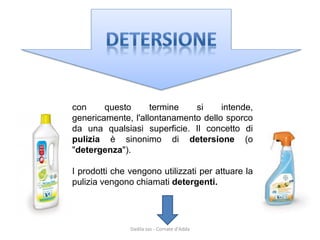 conquestoterminesiintende, genericamente,l'allontanamentodellosporcodaunaqualsiasisuperficie.Ilconcettodipuliziaèsinonimodidetersione(o"detergenza"). 
Iprodottichevengonoutilizzatiperattuarelapuliziavengonochiamatidetergenti. 
Dadila sas - Cornate d'Adda 
 