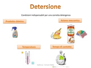 Dadila sas - Cornate d'Adda 
Condizioni indispensabili per una corretta detergenza 
Prodotto chimico 
Temperatura 
Tempo di contatto 
Azione meccanica  