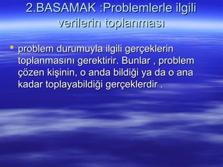 2.BASAMAK :Problemlerle ilgili2.BASAMAK :Problemlerle ilgili
verilerin toplanmasıverilerin toplanması
 problem durumuyla ilgili gerçeklerinproblem durumuyla ilgili gerçeklerin
toplanmasını gerektirir. Bunlar , problemtoplanmasını gerektirir. Bunlar , problem
çözen kişinin, o anda bildiği ya da o anaçözen kişinin, o anda bildiği ya da o ana
kadar toplayabildiği gerçeklerdir .kadar toplayabildiği gerçeklerdir .
 