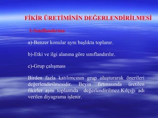 FİKİR ÜRETİMİNİN DEĞERLENDİRİLMESİ
1-Sınıflandırma
a)-Benzer konular aynı başlıkta toplanır.
b)-Etki ve ilgi alanına göre sınıflandırılır.
c)-Grup çalışması
Birden fazla katılımcının grup oluşturarak önerileri
değerlendirilmesidir. Beyin fırtınasında üretilen
fikirler aynı toplantıda değerlendirilmez.Kılçığı adı
verilen diyagrama işlenir.
 