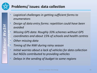 Problems/ issues: data collection

          • Logistical challenges in getting sufficient forms to
            enumerators
          • Design of data entry forms: repetition could have been
National WaSH




            avoided
          • Missing GPS data: Roughly 33% schemes without GPS
   Program




            coordinates and about 15% of schools and health centres
          • Other missing data
          • Timing of the NWI during rainy season
          • Initial worries about a lack of vehicles for data collection
            but NGOs contributed to providing vehicles
          • Delays in the sending of budget to some regions


                                Ministry of Water And Energy               20
 