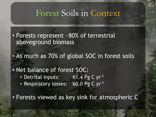 Forest Soils in Context
• Forests represent ~80% of terrestrial
aboveground biomass
• As much as 70% of global SOC in forest soils
• Net balance of forest SOC:
• Detrital inputs: 61.4 Pg C yr-1
• Respiratory losses: 60.0 Pg C yr-1
• Forests viewed as key sink for atmospheric C
 