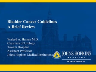 Bladder Cancer Guidelines
A Brief Review

Waleed A. Hassen M.D.
Chairman of Urology
Tawam Hospital
Assistant Professor
Johns Hopkins Medical Institutions
 