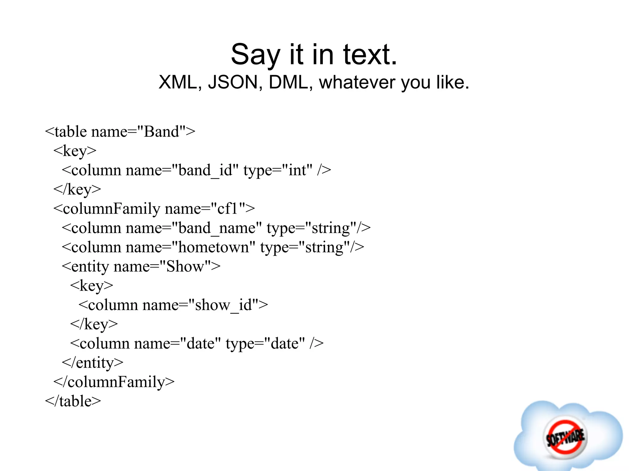 Say it in text.
              XML, JSON, DML, whatever you like.

<table name="Band">
 <key>
   <column name="band_id" type="int" />
 </key>
 <columnFamily name="cf1">
   <column name="band_name" type="string"/>
   <column name="hometown" type="string"/>
   <entity name="Show">
    <key>
     <column name="show_id">
    </key>
    <column name="date" type="date" />
   </entity>
 </columnFamily>
</table>
 