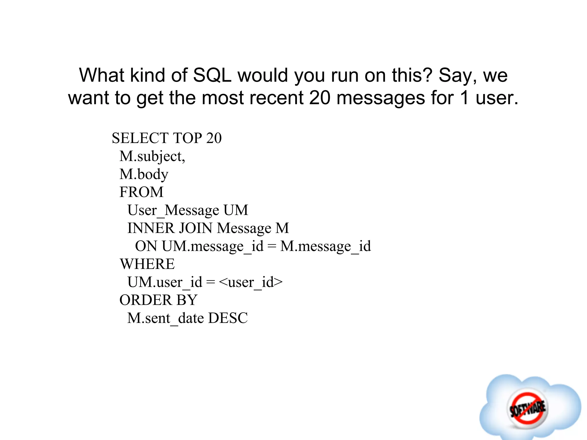 What kind of SQL would you run on this? Say, we
want to get the most recent 20 messages for 1 user.
    SELECT TOP 20
     M.subject,
     M.body
     FROM
      User_Message UM
      INNER JOIN Message M
       ON UM.message_id = M.message_id
     WHERE
      UM.user_id = <user_id>
     ORDER BY
      M.sent_date DESC
 
