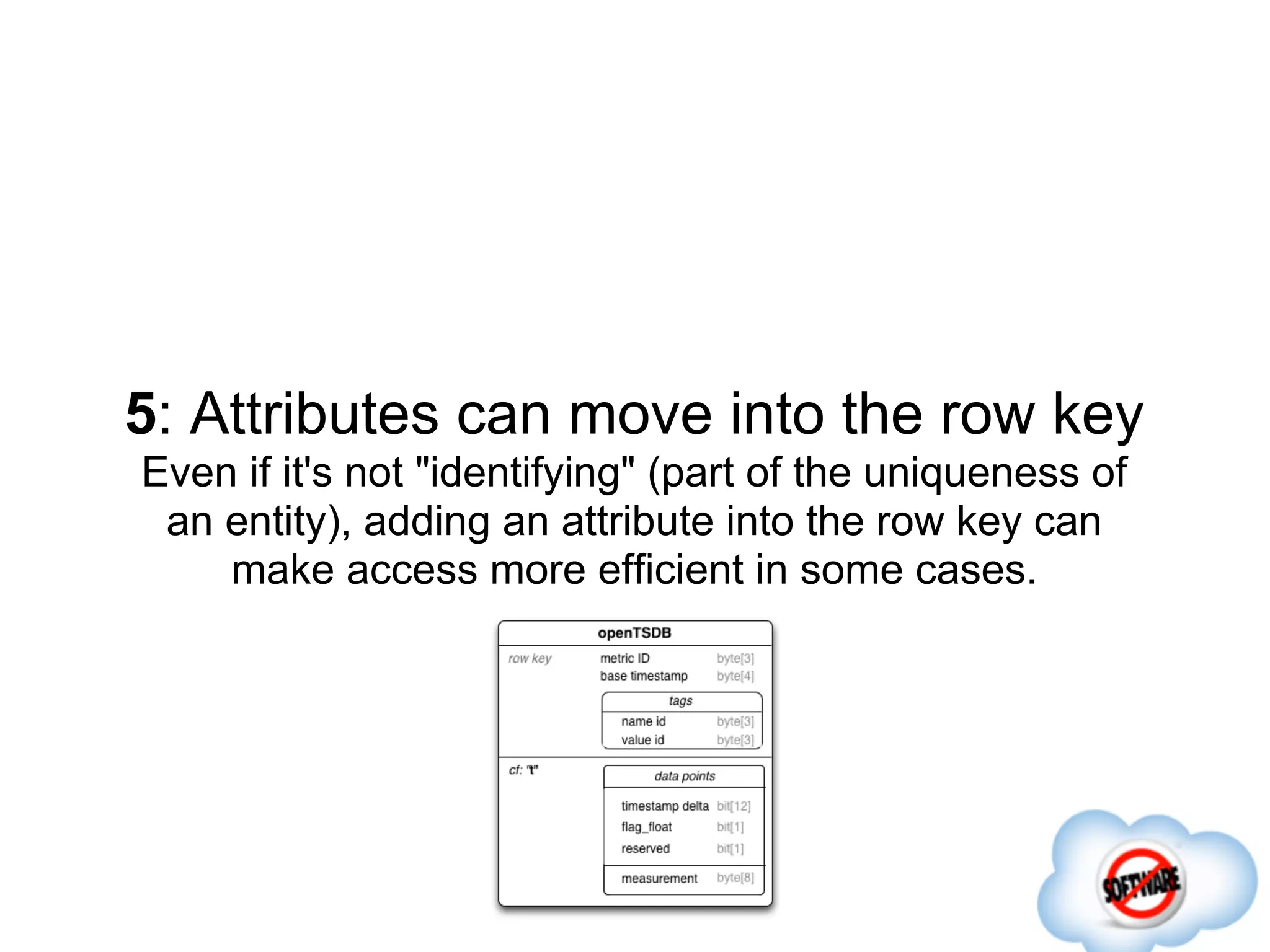 5: Attributes can move into the row key
Even if it's not "identifying" (part of the uniqueness of
 an entity), adding an attribute into the row key can
    make access more efficient in some cases.
 