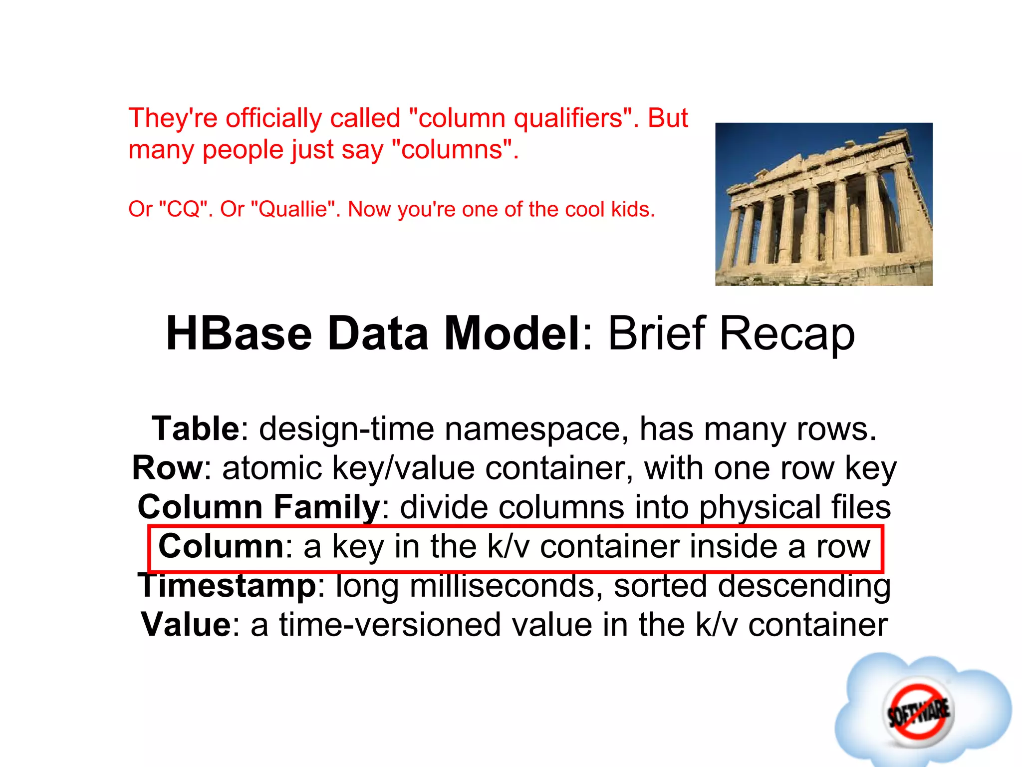 They're officially called "column qualifiers". But
many people just say "columns".

Or "CQ". Or "Quallie". Now you're one of the cool kids.




   HBase Data Model: Brief Recap
 Table: design-time namespace, has many rows.
Row: atomic key/value container, with one row key
Column Family: divide columns into physical files
 Column: a key in the k/v container inside a row
Timestamp: long milliseconds, sorted descending
Value: a time-versioned value in the k/v container
 