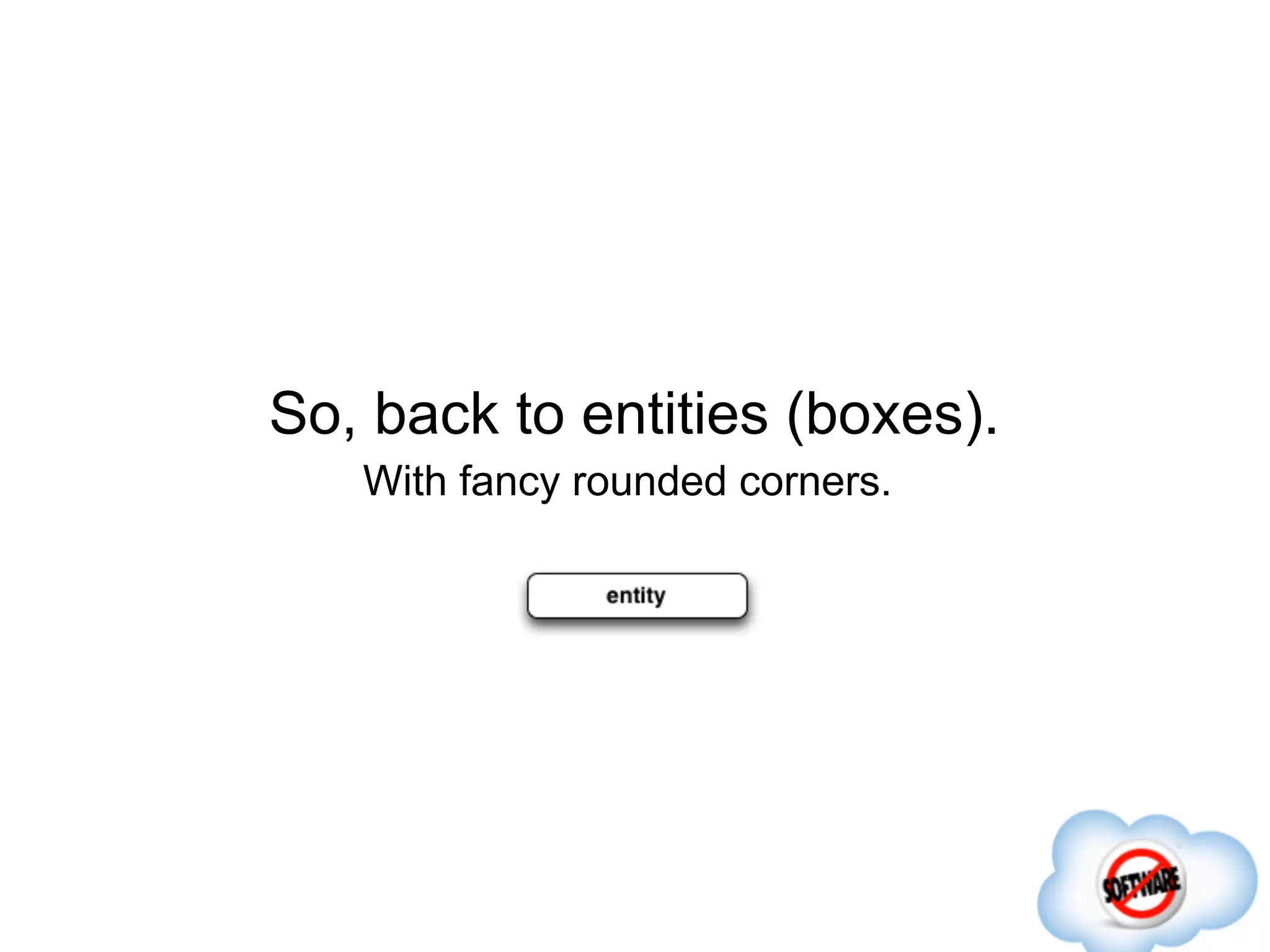 So, back to entities (boxes).
   With fancy rounded corners.
 