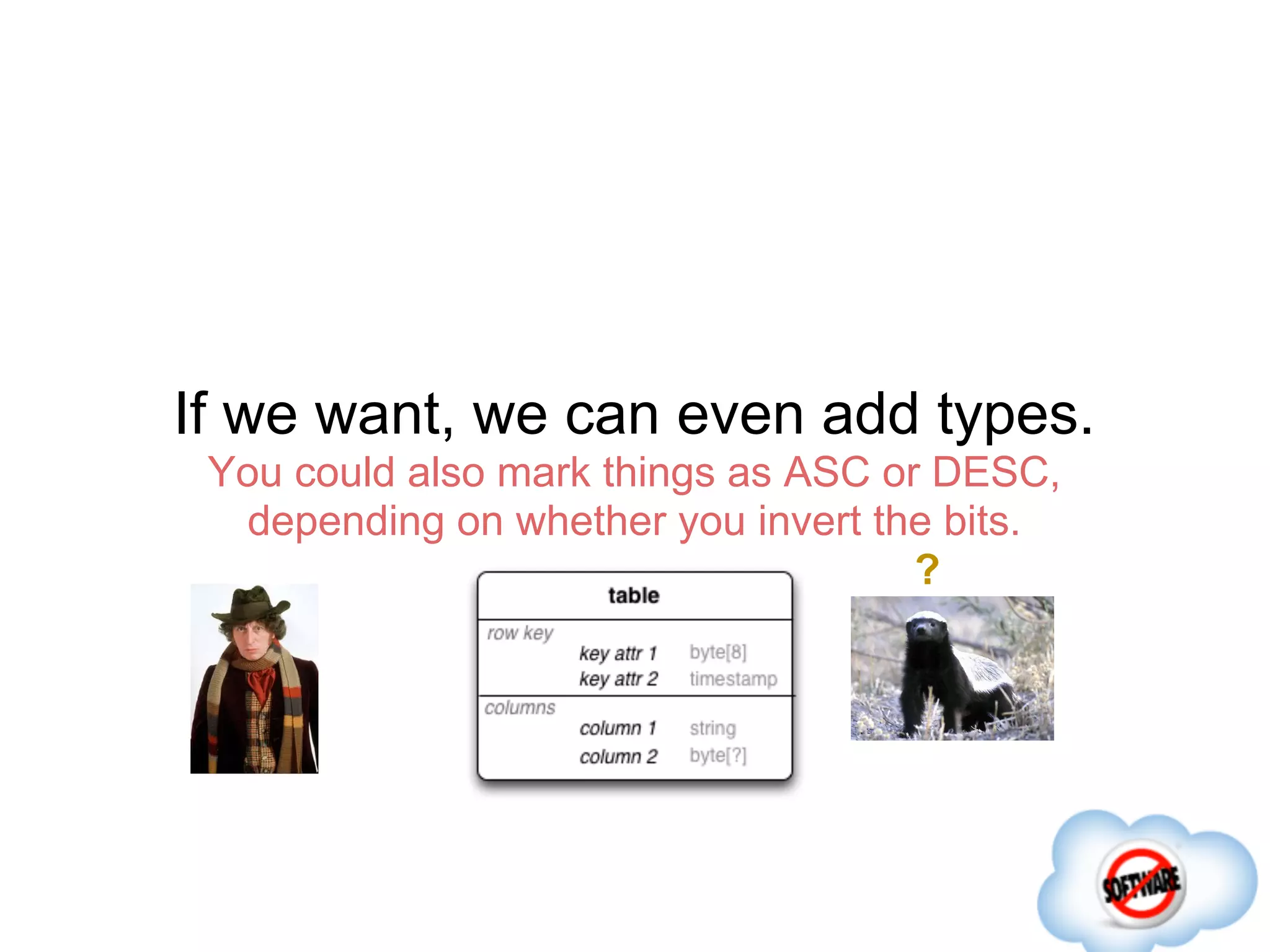 If we want, we can even add types.
 You could also mark things as ASC or DESC,
  depending on whether you invert the bits.
                                     ?
 