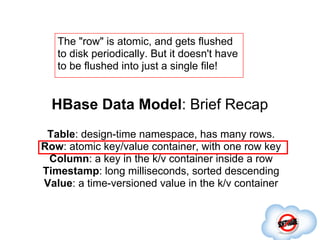 The "row" is atomic, and gets flushed
   to disk periodically. But it doesn't have
   to be flushed into just a single file!


  HBase Data Model: Brief Recap
 Table: design-time namespace, has many rows.
Row: atomic key/value container, with one row key
 Column: a key in the k/v container inside a row
Timestamp: long milliseconds, sorted descending
Value: a time-versioned value in the k/v container
 