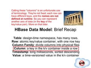 Calling these "columns" is an unfortunate use
of terminology. They're not fixed; each row can
have different keys, and the names are not
defined at runtime. So you can represent
another axis of data (in the key of the
key/value pair). More on that later.

   HBase Data Model: Brief Recap
 Table: design-time namespace, has many rows.
Row: atomic key/value container, with one row key
Column Family: divide columns into physical files
 Column: a key in the k/v container inside a row
Timestamp: long milliseconds, sorted descending
Value: a time-versioned value in the k/v container
 