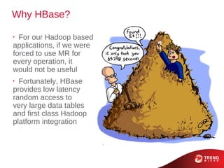 Why HBase?

•
  For our Hadoop based
applications, if we were
forced to use MR for
every operation, it
would not be useful...