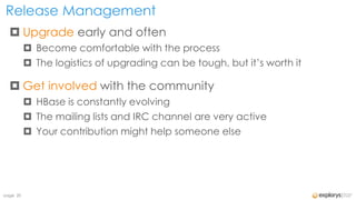 Release Management
   Upgrade early and often
           Become comfortable with the process
           The logistics o...