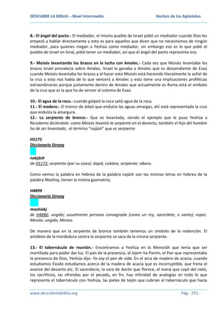DESCUBRE LA BIBLIA – Nivel Intermedio

Hechos de los Apóstoles

8.- El ángel del pacto.- El mediador, el mismo pueblo de Israel pidió un mediador cuando Dios les
empezó a hablar directamente y esto es para aquellos que dicen que no necesitamos de ningún
mediador, para quienes niegan a Yeshúa como mediador, sin embargo eso es lo que pidió el
pueblo de Israel en Sinaí, pidió tener un mediador, así que el ángel del pacto representa eso.
9.- Moisés levantando los brazos en la lucha con Amalec.- Cada vez que Moisés levantaba los
brazos Israel prevalecía sobre Amalec, Israel le ganaba a Amalec que es descendiente de Esaú
cuando Moisés levantaba los brazos y al hacer esto Moisés está haciendo literalmente la señal de
la cruz y esto nos habla de lo que vencerá a Amalec y esto tiene una implicaciones proféticas
extraordinarias porque justamente dentro de Amalec que actualmente es Roma está el símbolo
de la cruz que es la que ha de vencer al sistema de Esaú.
10.- El agua de la roca.- cuando golpeó la roca salió agua de la roca.
11.- El madero.- El tronco de árbol que endulza las aguas amargas, ahí está representada la cruz
que endulza la amargura.
12.- La serpiente de bronce.- Que es levantada, siendo el ejemplo que le puso Yeshúa a
Nicodemo diciéndole: como Moisés levantó la serpiente en el desierto, también el hijo del hombre
ha de ser levantado; el término “najásh” que es serpiente
H5175
Diccionario Strong
nakjásh
de H5172; serpiente (por su siseo): áspid, culebra, serpiente, víbora.
Como vemos la palabra en hebreo de la palabra najásh son las mismas letras en hebreo de la
palabra Mashiaj, tienen la misma guematría;
H4899
Diccionario Strong
mashíakj
de H4886; ungido; usualmente persona consagrada (como un rey, sacerdote, o santo); espec.
Mesías: ungido, Mesías.
De manera que en la serpiente de bronce también tenemos un símbolo de la redención. El
antídoto de la mordedura contra la serpiente se saca de la misma serpiente.
13.- El tabernáculo de reunión.- Encontramos a Yeshúa en la Menoráh que tenía que ser
martillada para poder dar luz. El pan de la presencia, el lejem ha Panim, el Pan que representaba
la presencia de Dios, Yeshúa dijo: Yo soy el pan de vida. En el arca de madera de acacia, cuando
estudiamos Éxodo estudiamos acerca de la madera de acacia que es incorruptible, que frena el
avance del desierto etc. El sacerdocio, la vara de Aarón que florece, el maná que cayó del cielo,
los sacrificios, las ofrendas por el pecado, en fin, hay infinidad de analogías en todo lo que
representa el tabernáculo con Yeshúa, las pieles de tejón que cubrían el tabernáculo que hacía
www.descubrelabiblia.org

Pág - 255 -

 