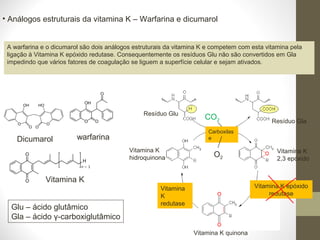 • Análogos estruturais da vitamina K – Warfarina e dicumarol
A warfarina e o dicumarol são dois análogos estruturais da vitamina K e competem com esta vitamina pela
ligação à Vitamina K epóxido redutase. Consequentemente os resíduos Glu não são convertidos em Gla
impedindo que vários fatores de coagulação se liguem a superfície celular e sejam ativados.
warfarinaDicumarol
Resíduo Glu
Vitamina K
Resíduo Gla
Vitamina K
2,3 epóxido
Vitamina K
hidroquinona
Vitamina K quinona
Vitamina K epóxido
redutase
Vitamina
K
redutase
Glu – ácido glutâmico
Gla – ácido γ-carboxiglutâmico
CO2
Carboxilas
e
O2
 