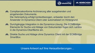 Compliancekonforme Archivierung aller ausgehenden und
eingehenden Dokumente.
Die Verknüpfung erfolgt kontextbezogen, entweder durch den
Anwender im Dynamics-Client oder automatisiert im Hintergrund.
Durchgängige Integration in die Dynamics-Lösung. Die ECMBridge-
Elemente für Suche und Ablage von Dokumenten fügen sich nahtlos
in die Dynamics-Oberfläche ein.
Direkte Suche und Ablage ohne Dynamics Client mit der ECMBridge
SmartBox.
 
