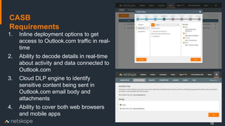 16
1. Inline deployment options to get
access to Outlook.com traffic in real-
time
2. Ability to decode details in real-time
about activity and data connected to
Outlook.com
3. Cloud DLP engine to identify
sensitive content being sent in
Outlook.com email body and
attachments
4. Ability to cover both web browsers
and mobile apps
CASB
Requirements
 