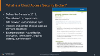 © 2016 Netskope. All Rights Reserved.
What is a Cloud Access Security Broker?
3
• Defined by Gartner in 2012;
• Cloud-based or on-premises;
• Sits between user and cloud app;
• Visibility and control of cloud apps as
they are accessed;
• Example policies: Authorization,
encryption, tokenization, logging,
alerting, authentication
 
