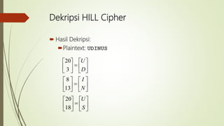 Dekripsi HILL Cipher
 Hasil Dekripsi:
Plaintext: UDINUS












D
U
3
20












N
I
13
8












S
U
18
20
 