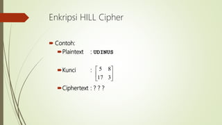 Enkripsi HILL Cipher
 Contoh:
Plaintext : UDINUS
Kunci :
Ciphertext : ? ? ?






317
85
 
