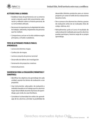 ACTITUDES PARA LA UNIDAD:
•	 Establecer lazos de pertenencia con su entorno
social y natural a partir del conocimiento, valo-
ración y reflexión sobre su historia personal, de
su comunidad y del país.
•	 Reconocer la importancia y la dignidad de todos
lostrabajos,valorandoyrespetandoalaspersonas
que los realizan.
•	 Comportarse y actuar en la vida cotidiana según
principios y virtudes ciudadanas.
TIPOS DE ACTIVIDADES POSIBLES PARA EL
APRENDIZAJE:
•	 Lectura de distintos mapas
•	 Confección de mapas
•	 Lectura conjunta de prensa nacional
•	 Desarrollo de talleres de investigación
•	 Generación de proyectos creativos
•	 Autoevaluaciones
SUGERENCIAS PARA LA EVALUACIÓN (FORMATIVASY
SUMATIVAS):
•	 Identificar los objetivos de aprendizaje de cada
unidad y ajustar los ítemes de evaluación a ese
propósito.
•	 Usar instrumentos adecuados de evaluación y
métodos basados en el trabajo que los alumnos
hayan desarrollado durante el proceso de apren-
dizaje y por ende, les sean familiares.
•	 Considerar la diversidad de estilos de aprendi-
zaje de los alumnos y brindar la posibilidad de
desarrollar distintos productos para un mismo
proyecto y/o variar el estilo de las evaluaciones
durante el año.
•	 Dar a conocer a los alumnos los criterios y pautas
de evaluación antes de ser evaluados (lista de
cotejo, rúbricas, etc.)
•	 Retroalimentar junto al curso el resultado de
cada evaluación realizada para que los alumnos
puedan participar y hacerse cargo de su propio
aprendizaje.
5º Básico, Primer Semestre 17
UnidadChile,fértilterritorioentremarycordilleras
Derechos reservados Aptus Chile
 