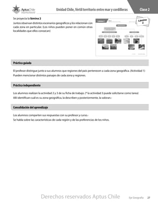 27Eje Geografía
UnidadChile,fértilterritorioentremarycordilleras Clase 2
El profesor distingue junto a sus alumnos que regiones del país pertenecen a cada zona geográfica. (Actividad 1)
Pueden mencionar distintos paisajes de cada zona y regiones.
Los alumnos realizan la actividad 2 y 3 de su ficha de trabajo. (* la actividad 3 puede solicitarse como tarea)
Allí identifican cuál es su zona geográfica, la describen y posteriormente, la valoran.-
Los alumnos comparten sus respuestas con su profesor y curso.-
Se habla sobre las características de cada región y de las preferencias de los niños.
Práctica guiada
Práctica independiente
Consolidación del aprendizaje
Se proyecta la lámina 2
Juntos observan distintos escenarios geográficos y los relacionan con
cada zona en particular. (Los niños pueden poner en común otras
localidades que ellos conozcan)
Derechos reservados Aptus Chile
 