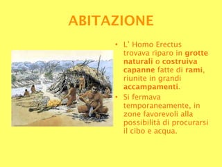 L’ Homo Erectus trovava riparo in  grotte naturali  o  costruiva capanne  fatte di  rami , riunite in grandi  accampamenti .  Si fermava temporaneamente, in zone favorevoli alla possibilità di procurarsi il cibo e acqua. ABITAZIONE 