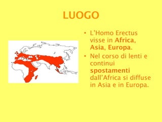 L’Homo Erectus visse in  Africa ,  Asia ,  Europa . Nel corso di lenti e continui  spostamenti  dall’Africa si diffuse in Asia e in Europa. LUOGO 