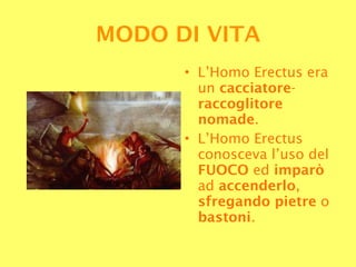 L’Homo Erectus era un  cacciatore - raccoglitore nomade .  L’Homo Erectus conosceva l’uso del  FUOCO  ed  imparò  ad  accenderlo ,  sfregando pietre  o  bastoni . MODO DI VITA 