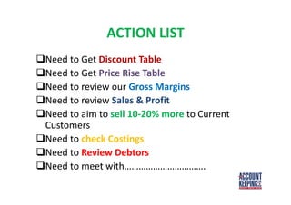ACTION LIST
Need to Get Discount Table
Need to Get Price Rise Table
Need to review our Gross Margins
Need to review Sales & Profit
Need to aim to sell 10-20% more to Current
Customers
Need to check Costings
Need to Review Debtors
Need to meet with…………………………….
 
