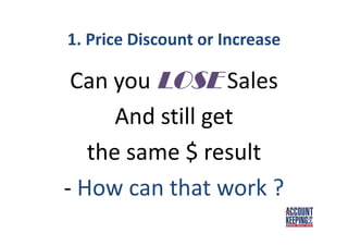 1. Price Discount or Increase
Can you LOSE Sales
And still get
the same $ result
- How can that work ?
 