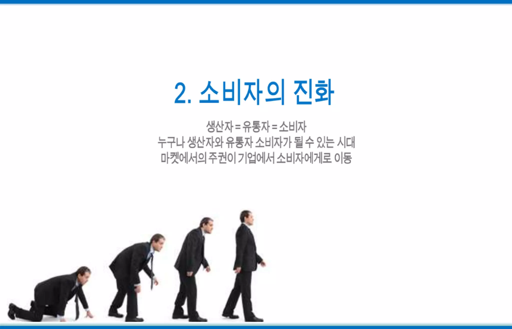 2. 소비자의 진화생산자 = 유통자= 소비자누구나 생산자와 유통자 소비자가 될 수 있는 시대마켓에서의 주권이 기업에서 소비자에게로 이동