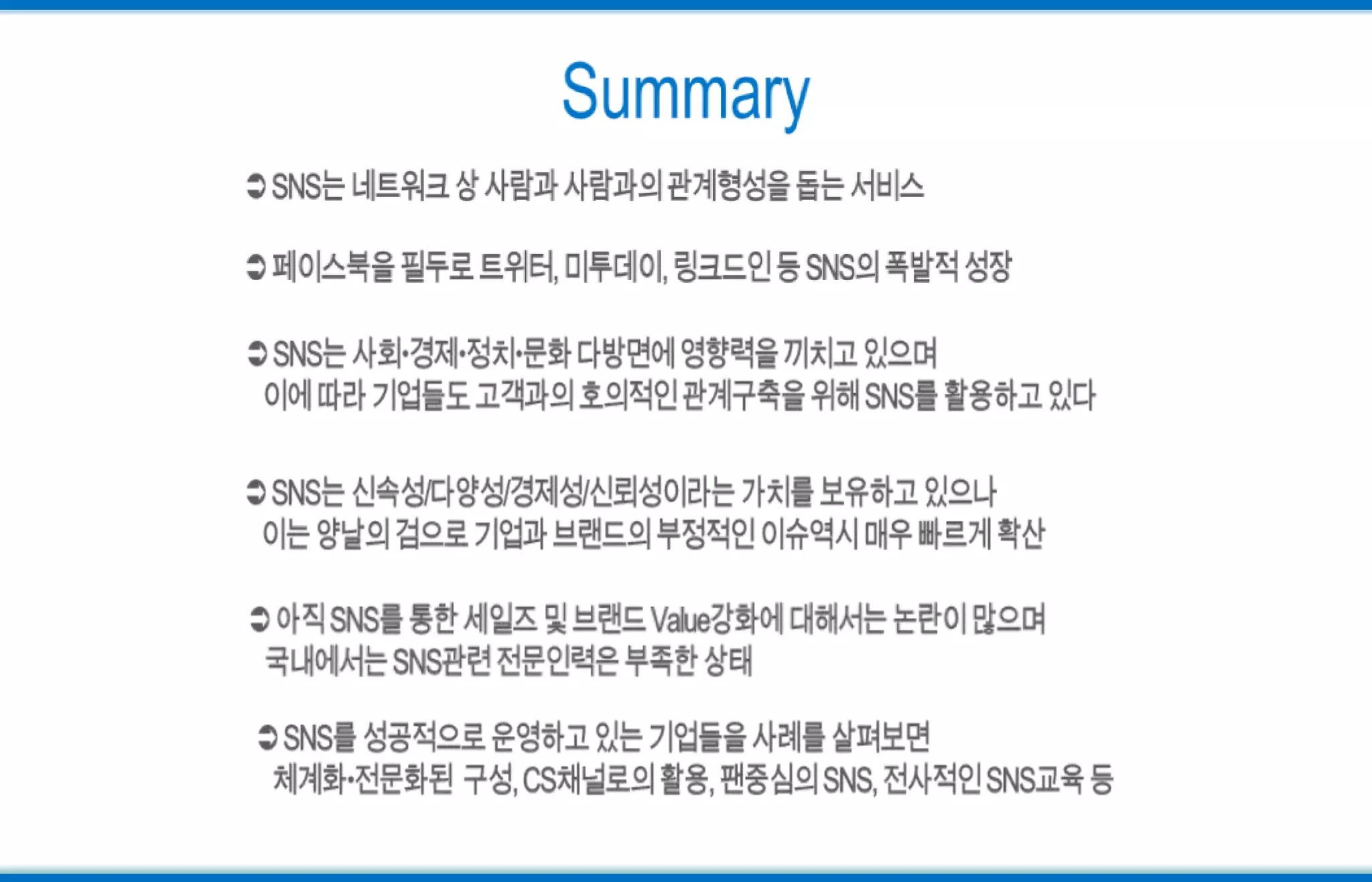 Summary SNS는 네트워크 상 사람과 사람과의 관계형성을 돕는 서비스 페이스북을 필두로 트위터, 미투데이, 링크드인 등 SNS의 폭발적 성장 SNS는 사회경제정치문화 다방면에 영향력을 끼치고 있으며   이에 따라 기업들도 고객과의 호의적인 관계구축을 위해 SNS를 활용하고 있다 SNS는 신속성/다양성/경제성/신뢰성이라는 가치를 보유하고 있으나   이는 양날의 검으로 기업과 브랜드의 부정적인 이슈역시 매우 빠르게 확산 아직 SNS를 통한 세일즈 및 브랜드 Value강화에 대해서는 논란이 많으며   국내에서는 SNS관련 전문인력은 부족한 상태 SNS를 성공적으로 운영하고 있는 기업들을 사례를 살펴보면   체계화전문화된  구성, CS채널로의 활용, 팬중심의SNS, 전사적인 SNS교육 등