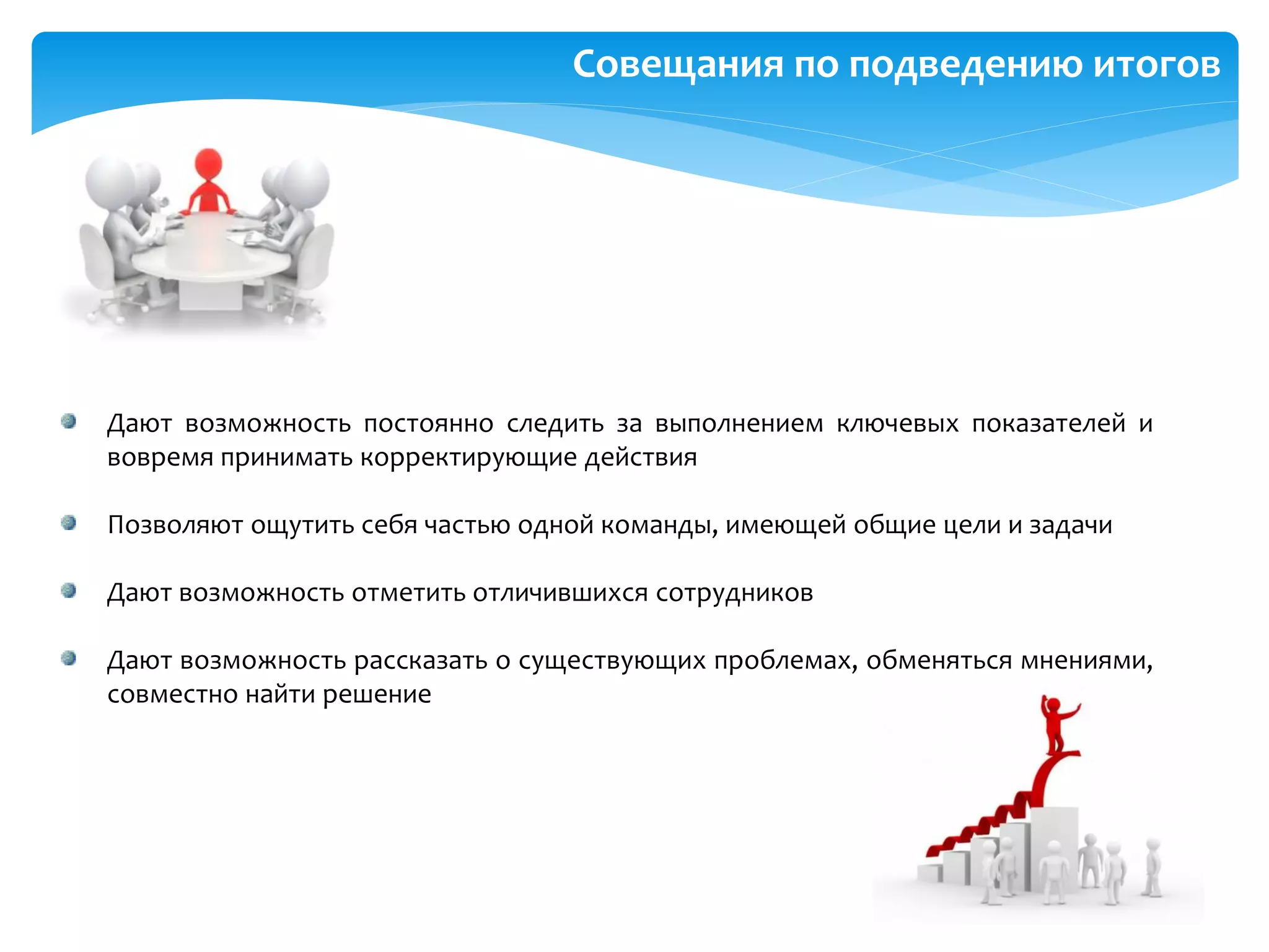 Совещания по подведению итогов
Дают возможность постоянно следить за выполнением ключевых показателей и
вовремя принимать корректирующие действия
Позволяют ощутить себя частью одной команды, имеющей общие цели и задачи
Дают возможность отметить отличившихся сотрудников
Дают возможность рассказать о существующих проблемах, обменяться мнениями,
совместно найти решение
 