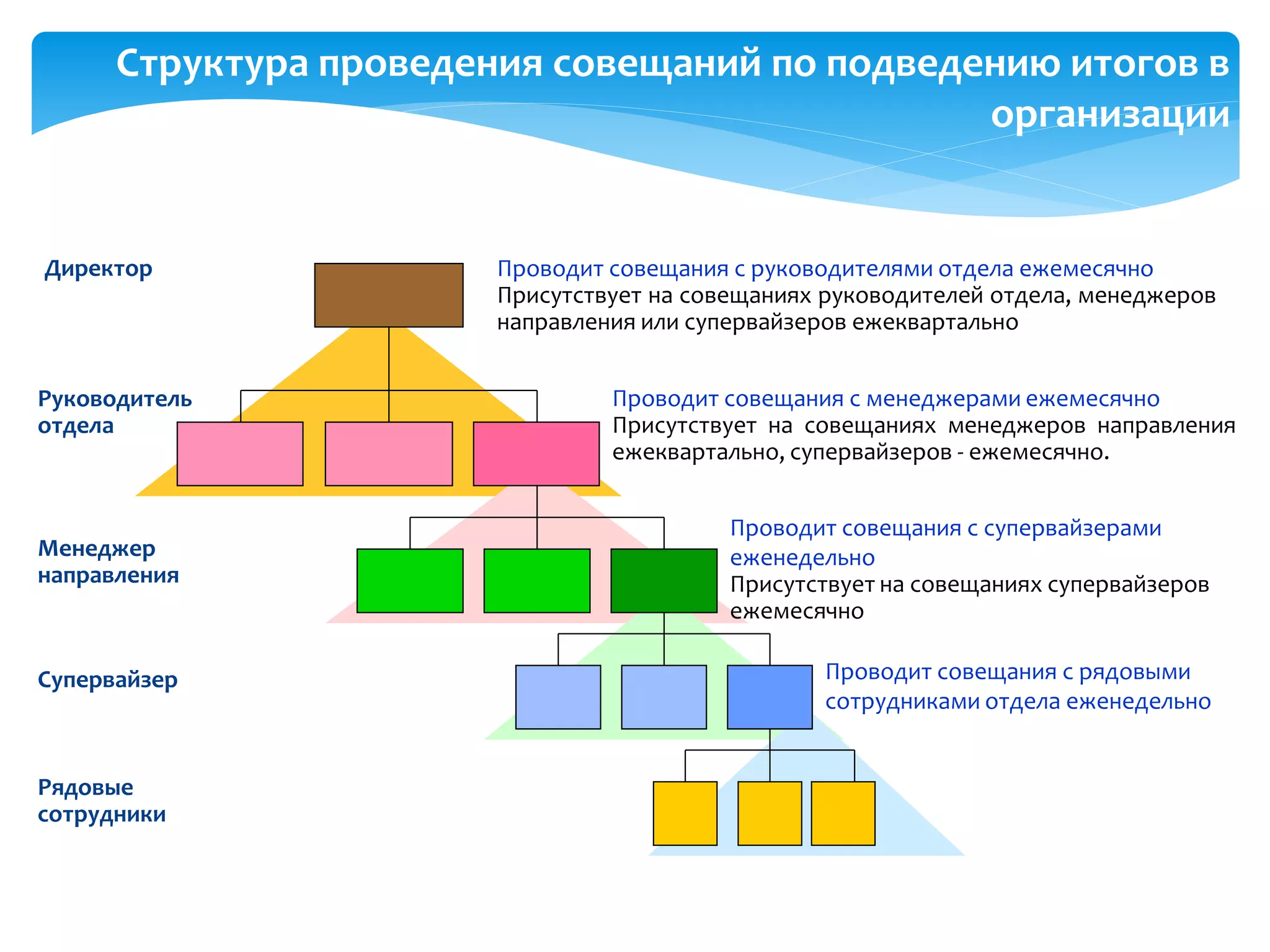 Структура проведения совещаний по подведению итогов в
организации
Директор
Руководитель
отдела
Менеджер
направления
Супервайзер
Рядовые
сотрудники
Проводит совещания с руководителями отдела ежемесячно
Присутствует на совещаниях руководителей отдела, менеджеров
направления или супервайзеров ежеквартально
Проводит совещания с менеджерами ежемесячно
Присутствует на совещаниях менеджеров направления
ежеквартально, супервайзеров - ежемесячно.
Проводит совещания с супервайзерами
еженедельно
Присутствует на совещаниях супервайзеров
ежемесячно
Проводит совещания с рядовыми
сотрудниками отдела еженедельно
 