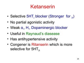 Ketanserin
• Selective 5HT2 blocker (Stronger for 2A)
• No partial agonistic activity
• Weak α1, H1, Dopaminergic blocker
• Useful in Raynaud’s diasease
• Has antihypertensive activity
• Congener is Ritanserin which is more
selective for 5HT2A
25

 