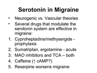 Serotonin in Migraine
•
•
1.
2.
3.
4.
5.

Neurogenic vs. Vascular theories
Several drugs that modulate the
serotonin system are effective in
migraine:
Cyproheptadine/methysergide prophylaxis
Sumatriptan, ergotamine - acute
MAO inhibitors and TCA – both
Caffeine (↑ cAMP?)
Reserpine worsens migraine

 