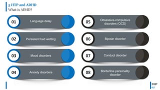 5 HTP and ADHD
What is ADHD?
page
07
01 Language delay
02 Persistent bed wetting
03 Mood disorders
05 Obsessive-compulsive
disorders (OCD)
06 Bipolar disorder
07 Conduct disorder
04 Anxiety disorders 08 Borderline personality
disorder
 