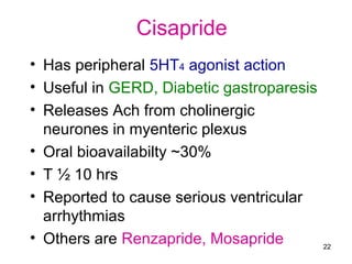 Cisapride
• Has peripheral 5HT4 agonist action
• Useful in GERD, Diabetic gastroparesis
• Releases Ach from cholinergic
neurones in myenteric plexus
• Oral bioavailabilty ~30%
• T ½ 10 hrs
• Reported to cause serious ventricular
arrhythmias
• Others are Renzapride, Mosapride

22

 