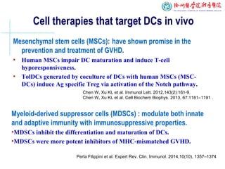 Mesenchymal stem cells (MSCs): have shown promise in the
prevention and treatment of GVHD.
• Human MSCs impair DC maturation and induce T-cell
hyporesponsiveness.
• TolDCs generated by coculture of DCs with human MSCs (MSC-
DCs) induce Ag specific Treg via activation of the Notch pathway.
Cell therapies that target DCs in vivo
Myeloid-derived suppressor cells (MDSCs) : modulate both innate
and adaptive immunity with immunosuppressive properties.
•MDSCs inhibit the differentiation and maturation of DCs.
•MDSCs were more potent inhibitors of MHC-mismatched GVHD.
Perla Filippini et al. Expert Rev. Clin. Immunol. 2014,10(10), 1357–1374
Chen W, Xu KL et al. Immunol Lett. 2012,143(2):161-9.
Chen W, Xu KL et al. Cell Biochem Biophys. 2013, 67:1181–1191 .
 