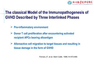 The classical Model of the Immunopathogenesis of
GVHD Described by Three Interlinked Phases
 Pro-inflammatory environment
 Donor T cell proliferation after encountering activated
recipient APCs bearing alloantigen
 Alloreactive cell migration to target tissues and resulting in
tissue damage in the form of GVHD
Ferrara JT, et al. Stem Cells. 1996,14:473-489.
 