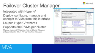 Move-ClusterVirtualMachine
Update-ClusterVirtualMachineConfiguration
Add-ClusterVirtualMachineRole
 