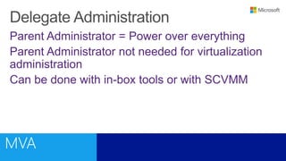 Parent Administrator = Power over everything
Parent Administrator not needed for virtualization
administration
Can be done with in-box tools or with SCVMM
 