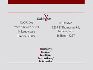 FLORIDA 
2972 NW 60th Street 
Ft Lauderdale 
Florida 33309 
INDIANA 
3205 E Thompson Rd, 
Indianapolis 
Indiana 46227 
Innovative 
Ideas for 
Intelligent 
Interaction of 
Information 
 