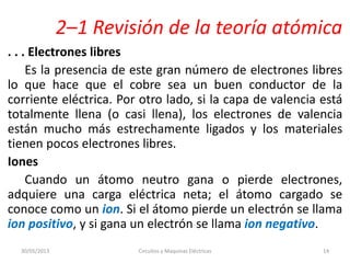 2–1 Revisión de la teoría atómica
. . . Electrones libres
Es la presencia de este gran número de electrones libres
lo que hace que el cobre sea un buen conductor de la
corriente eléctrica. Por otro lado, si la capa de valencia está
totalmente llena (o casi llena), los electrones de valencia
están mucho más estrechamente ligados y los materiales
tienen pocos electrones libres.
Iones
Cuando un átomo neutro gana o pierde electrones,
adquiere una carga eléctrica neta; el átomo cargado se
conoce como un ion. Si el átomo pierde un electrón se llama
ion positivo, y si gana un electrón se llama ion negativo.
30/05/2013 Circuitos y Maquinas Eléctricas 14
 