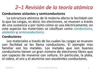 2–1 Revisión de la teoría atómica
Conductores aislantes y semiconductores
La estructura atómica de la materia afecta la facilidad con
la que las cargas, es decir, los electrones, se mueven a través
de una sustancia y por tanto cómo se usa eléctricamente; en
este aspecto los materiales se clasifican como conductores,
aislantes y semiconductores.
Conductores
Los materiales a través de los cuales las cargas se mueven
con facilidad se les llama conductores. El ejemplo mas
familiar son los metales. Los metales que son buenos
conductores tienen un gran número de electrones libres que
son capaces de moverse con soltura. En particular, la plata,
el cobre, el oro y el aluminio son excelentes conductores.
30/05/2013 Circuitos y Maquinas Eléctricas 15
 
