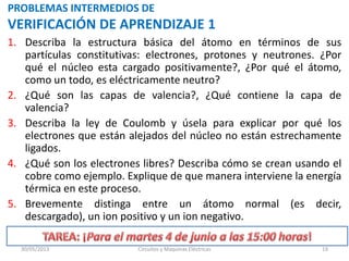PROBLEMAS INTERMEDIOS DE
VERIFICACIÓN DE APRENDIZAJE 1
1. Describa la estructura básica del átomo en términos de sus
partículas constitutivas: electrones, protones y neutrones. ¿Por
qué el núcleo esta cargado positivamente?, ¿Por qué el átomo,
como un todo, es eléctricamente neutro?
2. ¿Qué son las capas de valencia?, ¿Qué contiene la capa de
valencia?
3. Describa la ley de Coulomb y úsela para explicar por qué los
electrones que están alejados del núcleo no están estrechamente
ligados.
4. ¿Qué son los electrones libres? Describa cómo se crean usando el
cobre como ejemplo. Explique de que manera interviene la energía
térmica en este proceso.
5. Brevemente distinga entre un átomo normal (es decir,
descargado), un ion positivo y un ion negativo.
30/05/2013 Circuitos y Maquinas Eléctricas 19
 