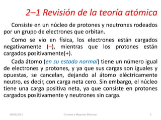 2–1 Revisión de la teoría atómica
Consiste en un núcleo de protones y neutrones rodeados
por un grupo de electrones que orbitan.
Como se vio en física, los electrones están cargados
negativamente (–), mientras que los protones están
cargados positivamente(+).
Cada átomo (en su estado normal) tiene un número igual
de electrones y protones, y ya que sus cargas son iguales y
opuestas, se cancelan, dejando al átomo eléctricamente
neutro, es decir, con carga neta cero. Sin embargo, el núcleo
tiene una carga positiva neta, ya que consiste en protones
cargados positivamente y neutrones sin carga.
30/05/2013 Circuitos y Maquinas Eléctricas 3
 