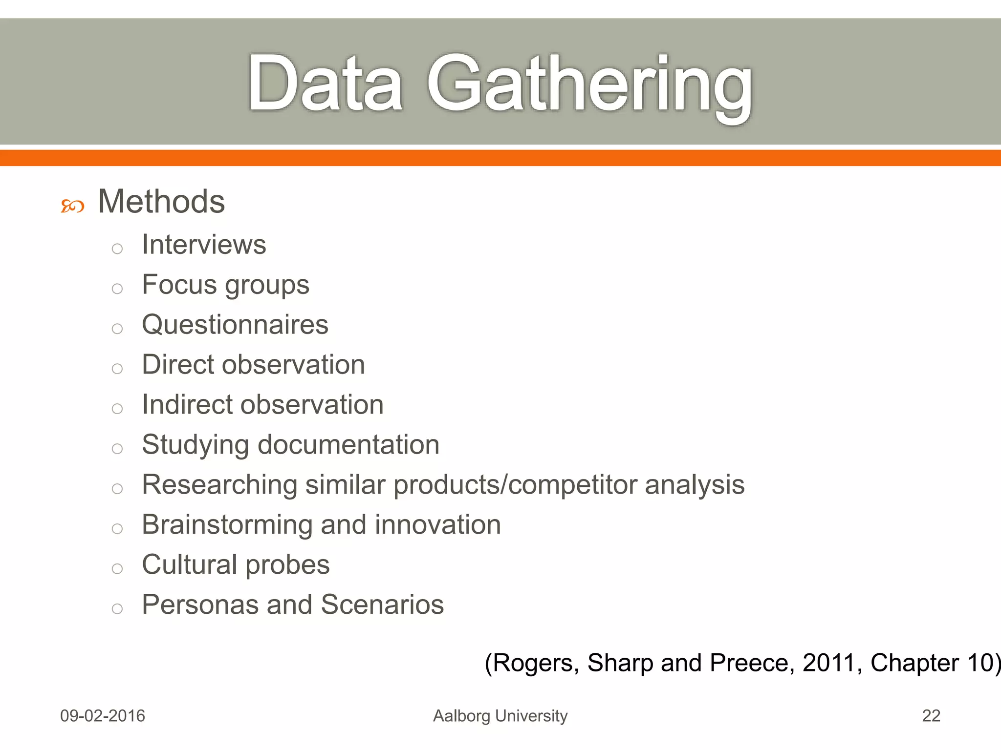  Demos—deliver the software increment to the customer so
that functionality that has been implemented can be
demonstrated and evaluated by the customer. It is
important to note that the demo may not contain all planned
functionality, but rather those functions that can be
delivered within the time-box that was established.
 Scrum meetings—are short (typically 15 minutes) meetings
held daily by the Scrum team. Three key questions are
asked and answered by all team members:
o What did you do since the last team meeting?
o What obstacles are you encountering?
o What do you plan to accomplish by the next team meeting?
For little more, see
http://www.mountaingoatsoftware.com/agile/scrum/overview
Mon, 13 Feb 2017 Aalborg University 22
 